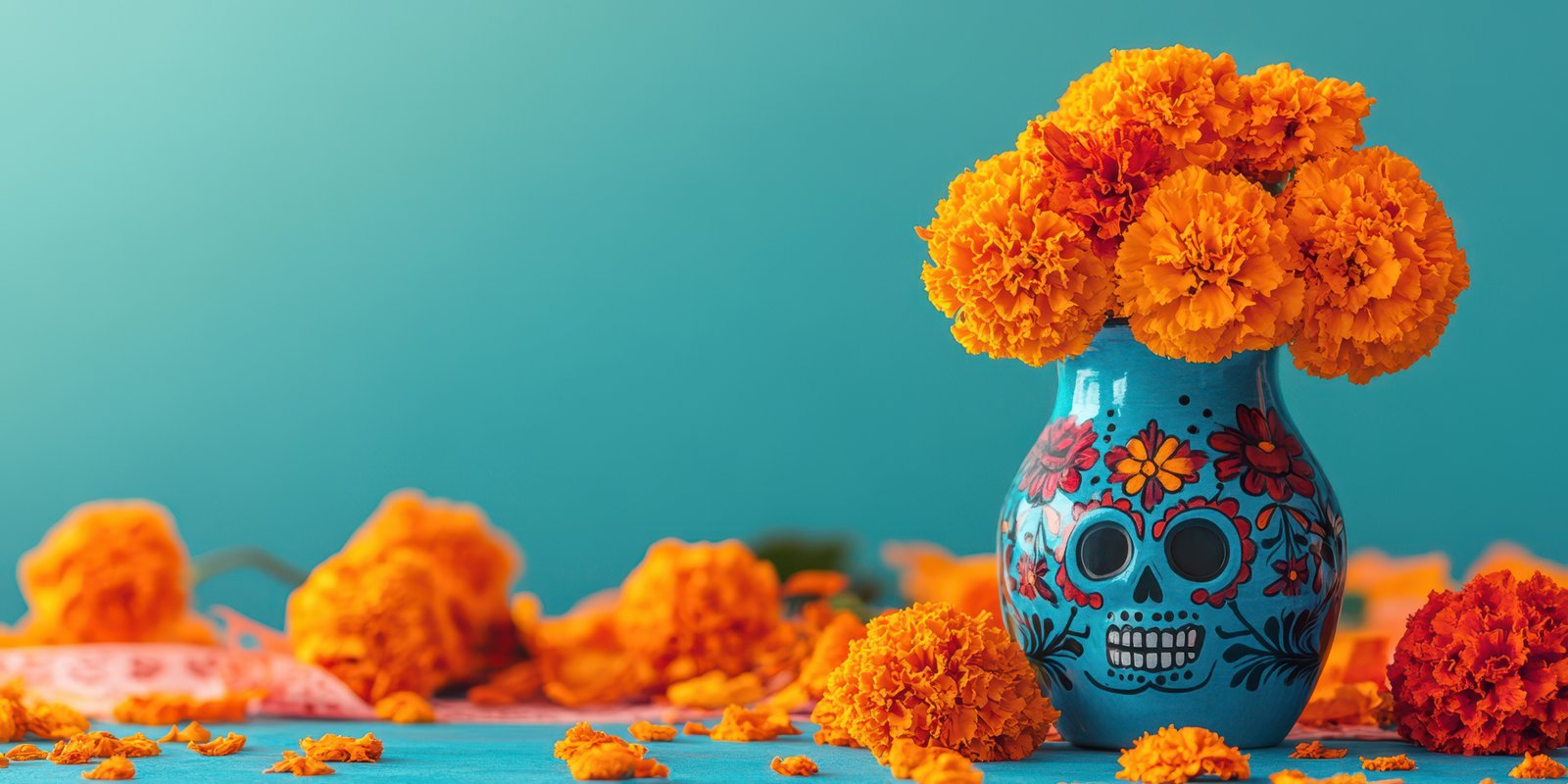 Vibrant marigold flowers in a decorative skull vase on a bright blue table during a festive celebration